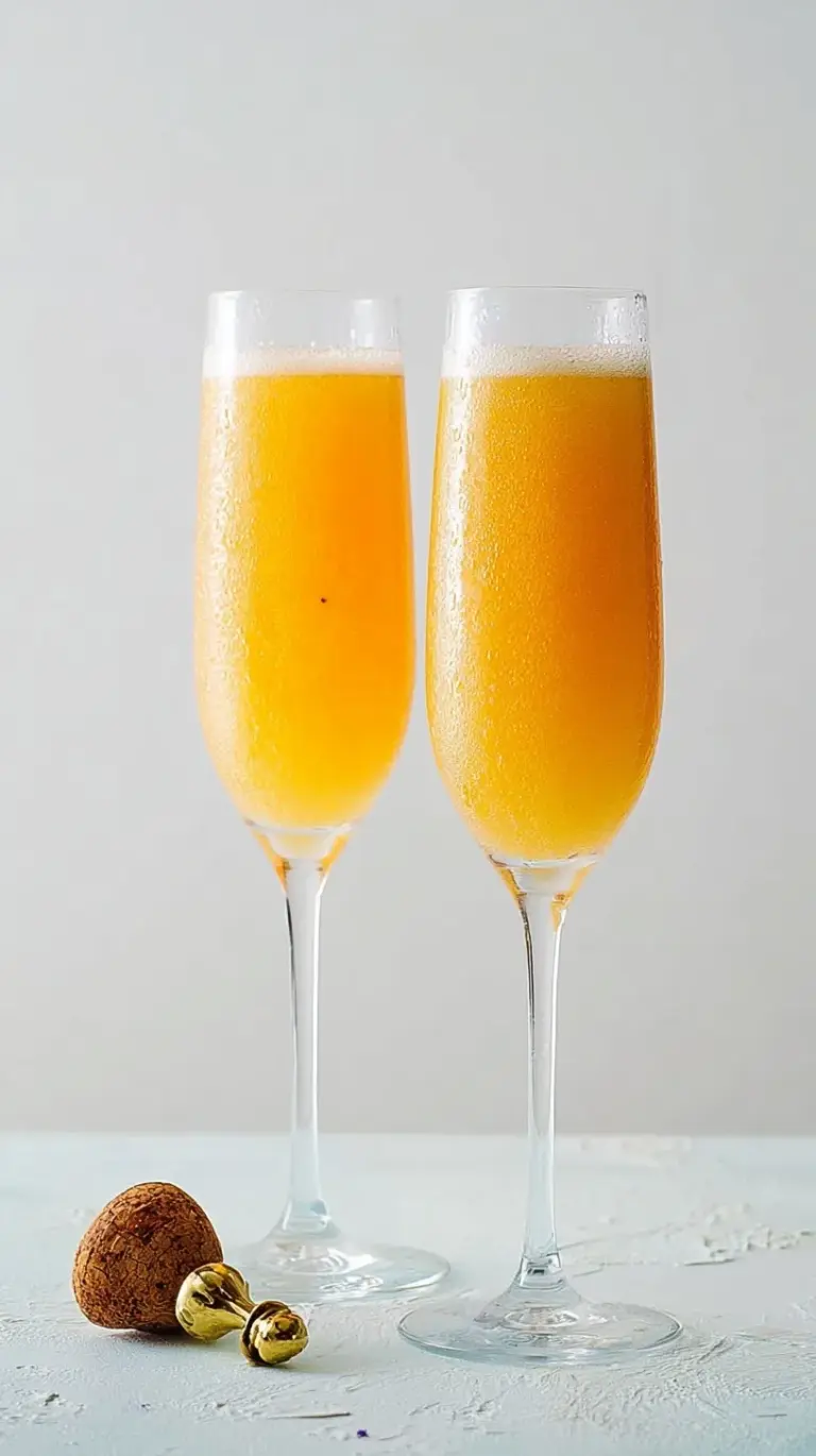 A chilled champagne flute filled with a golden peach bellini and a fresh peach slice garnish.