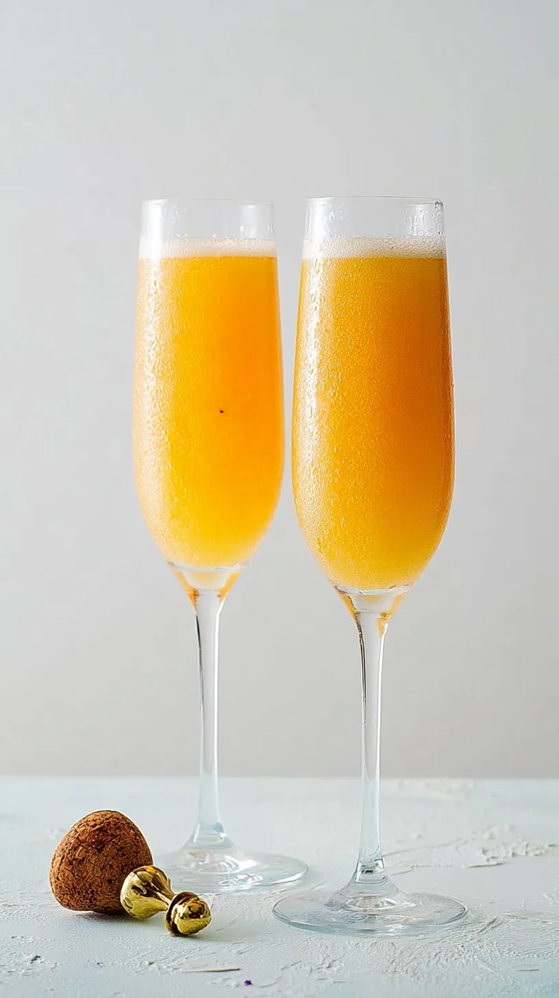A chilled champagne flute filled with a golden peach bellini and a fresh peach slice garnish.