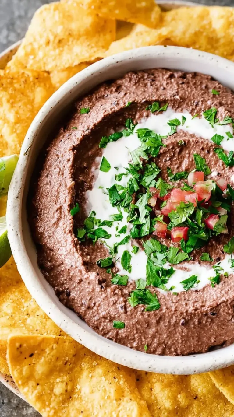 A bowl of smooth black bean dip garnished with fresh cilantro and lime wedges