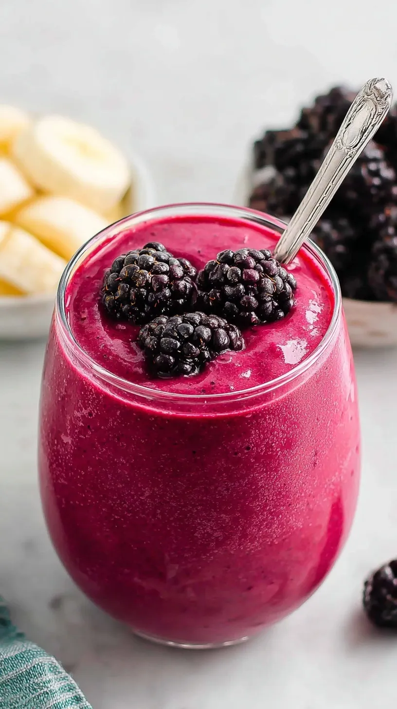 A vibrant purple blackberry smoothie in a tall glass topped with fresh berries