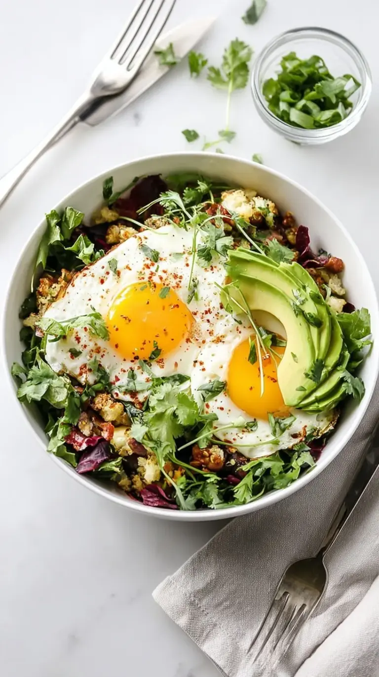 A colorful breakfast salad with soft-boiled eggs, sliced avocado, and cherry tomatoes on a bed of arugula.