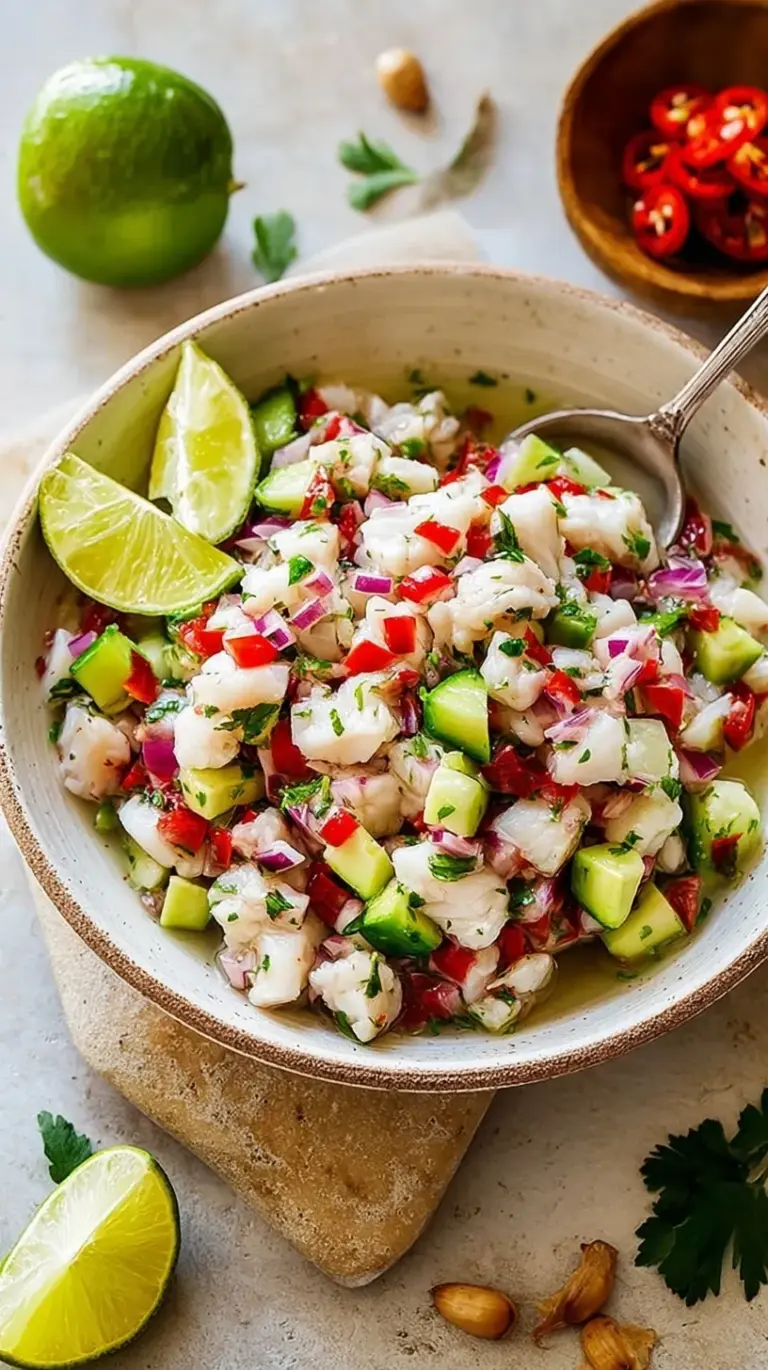 A vibrant bowl of fresh white fish ceviche with red onions, tomatoes, and cilantro served with tortilla chips.