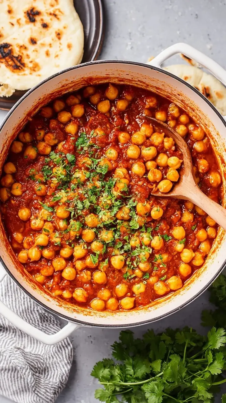 A bowl of vibrant orange chana masala garnished with fresh green cilantro and served with warm naan bread.