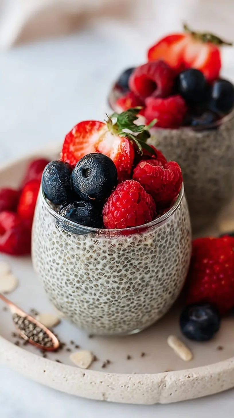 A glass jar filled with creamy chia pudding topped with fresh fruit.
