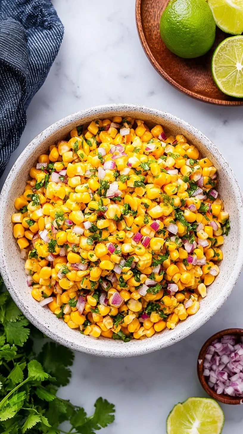 A bowl of vibrant white corn salsa with green poblano peppers, red onions, and fresh cilantro.