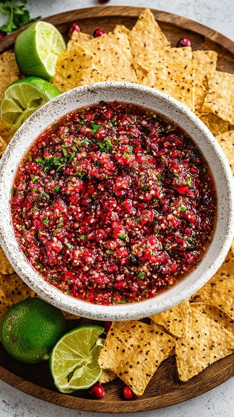 Fresh red cranberry salsa spooned over a block of white cream cheese on a serving platter with crackers.