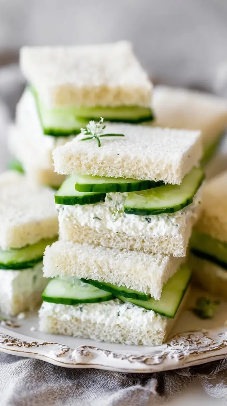 A platter of crustless Easy Cucumber Sandwiches with fresh dill and chives on a white plate.