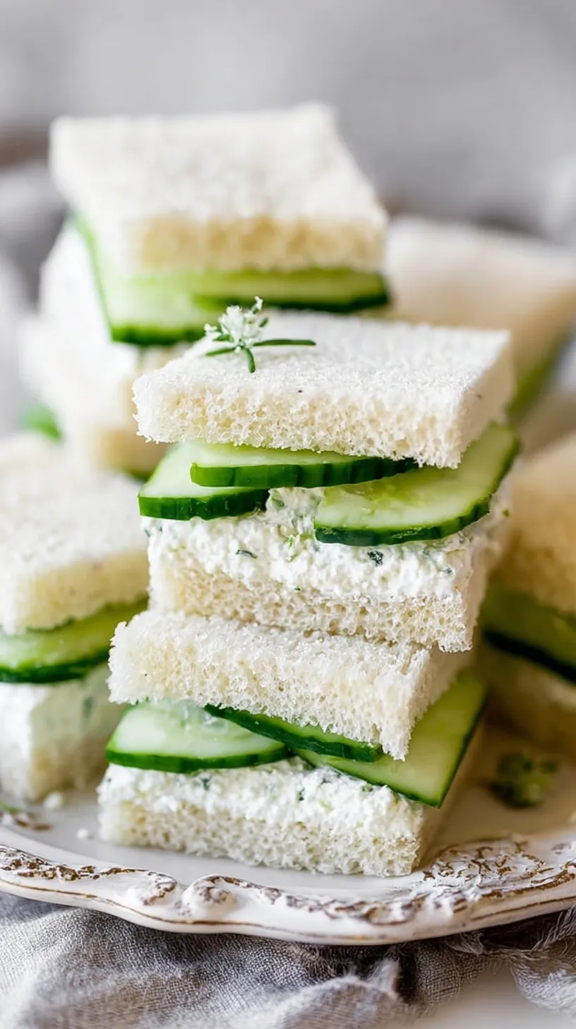 A platter of crustless Easy Cucumber Sandwiches with fresh dill and chives on a white plate.