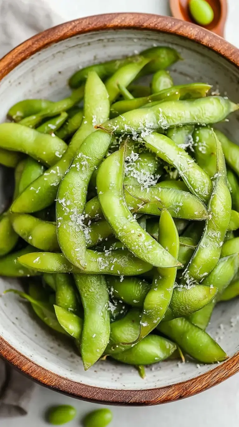 A bowl of bright green edamame pods sprinkled with flaky sea salt