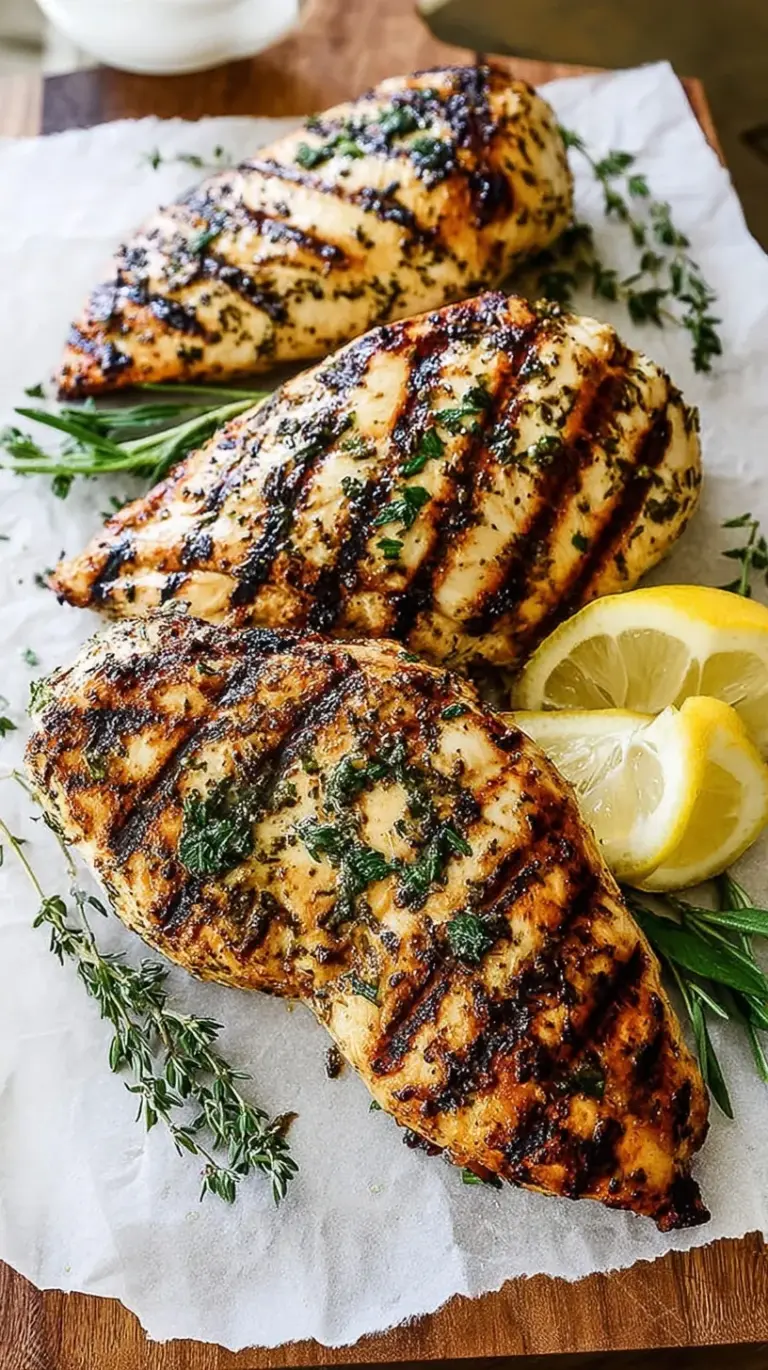 Golden brown grilled chicken breasts with char marks and fresh herbs on a platter