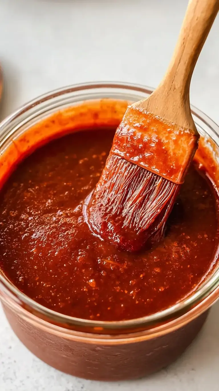 A glass jar filled with glossy, dark red homemade BBQ sauce next to a silicone brush.