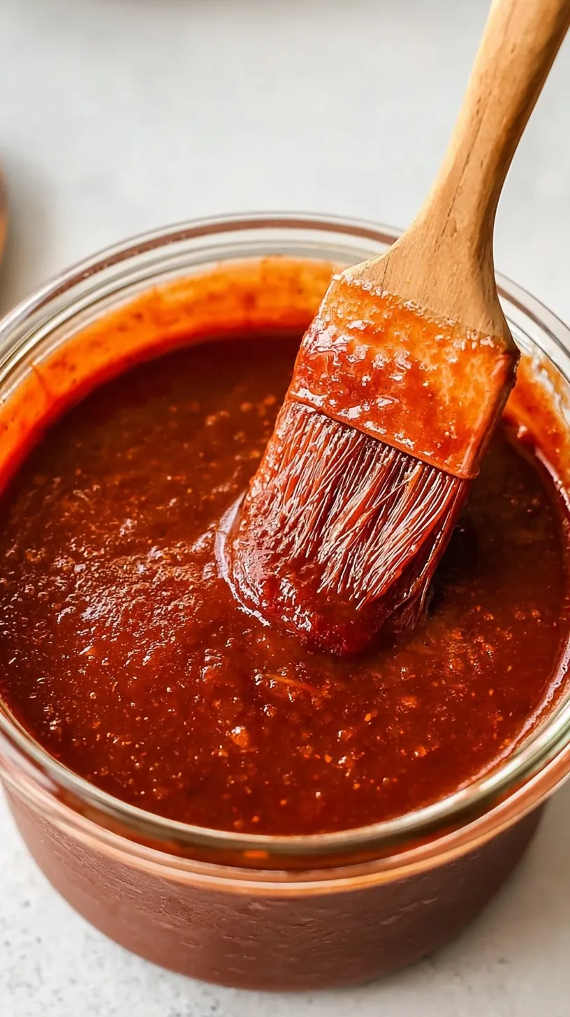 A glass jar filled with glossy, dark red homemade BBQ sauce next to a silicone brush.