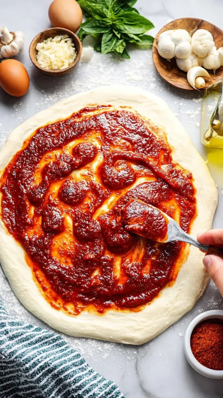 A small glass bowl of vibrant red pizza sauce with a spoon resting inside next to dried herbs.