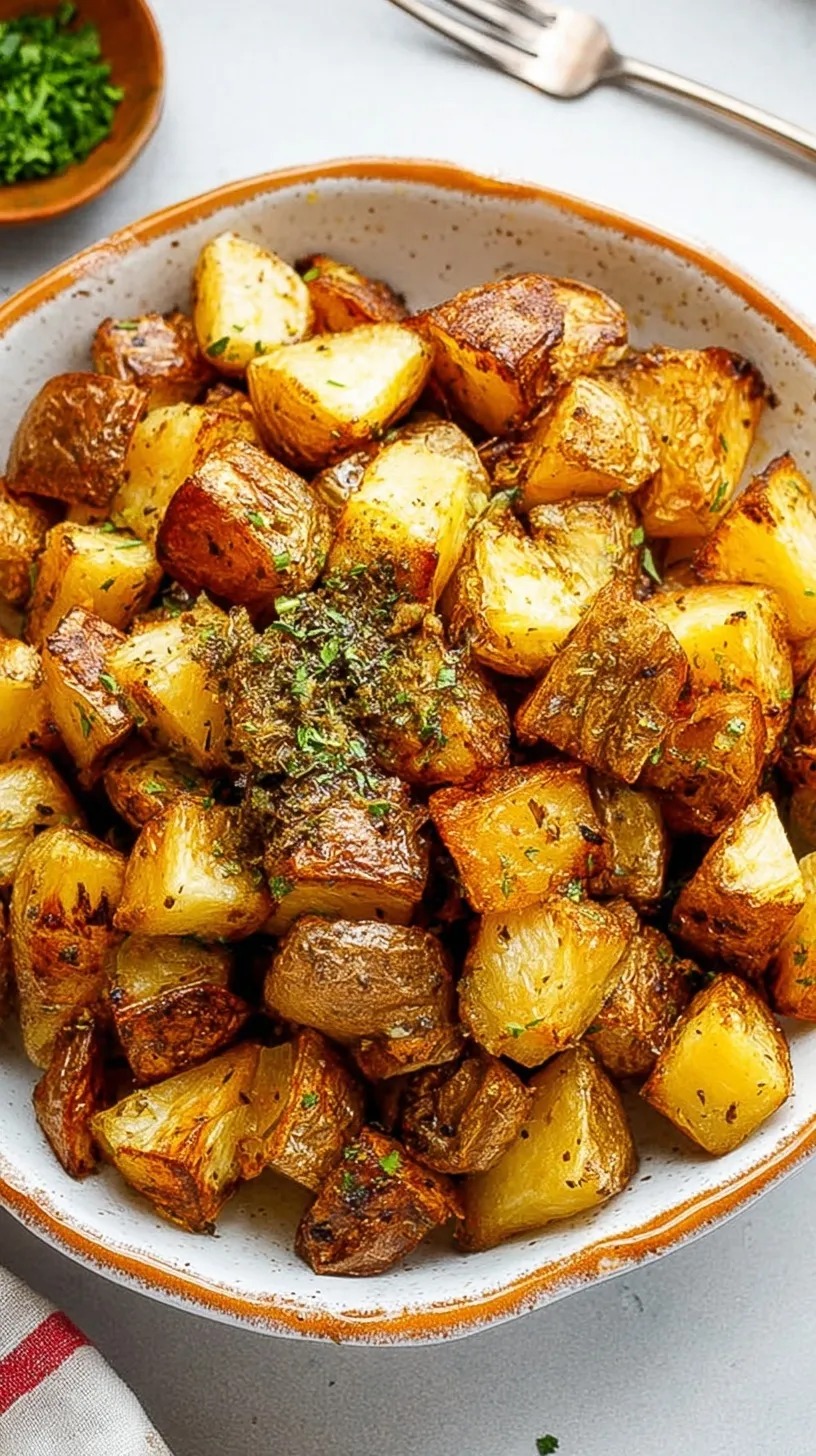 Golden brown cubed oven roasted potatoes seasoned with rosemary on a baking sheet