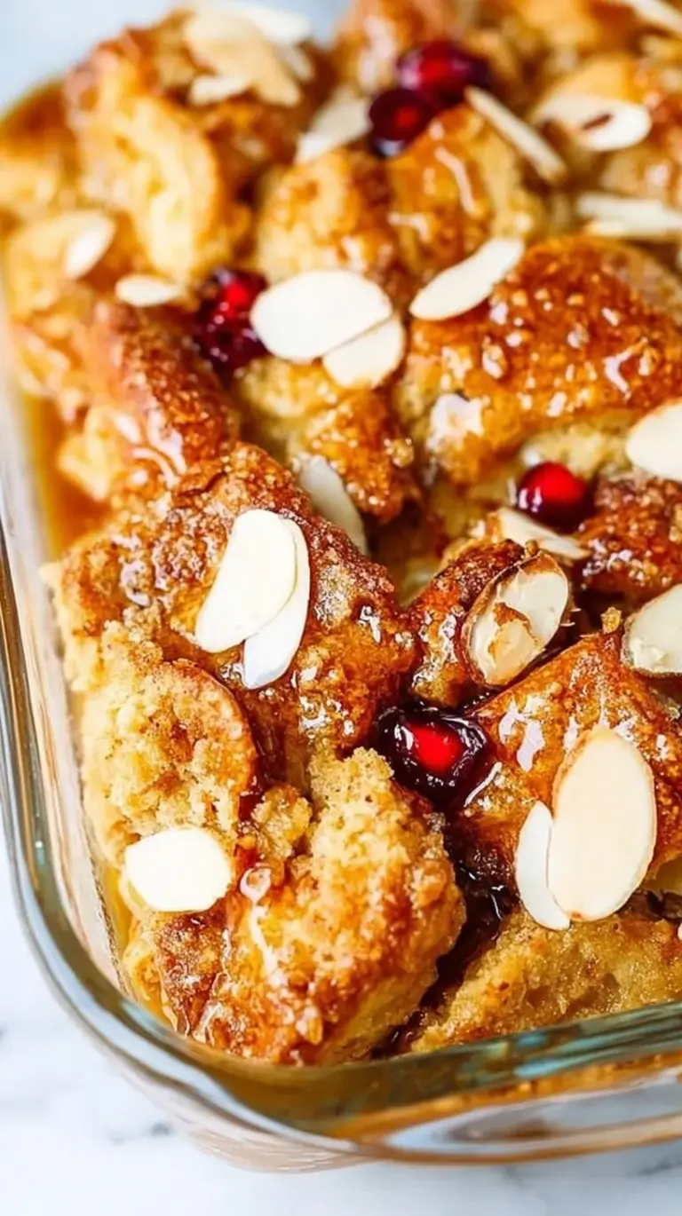 A golden brown overnight french toast bake in a white dish topped with cinnamon crumble and fresh berries.