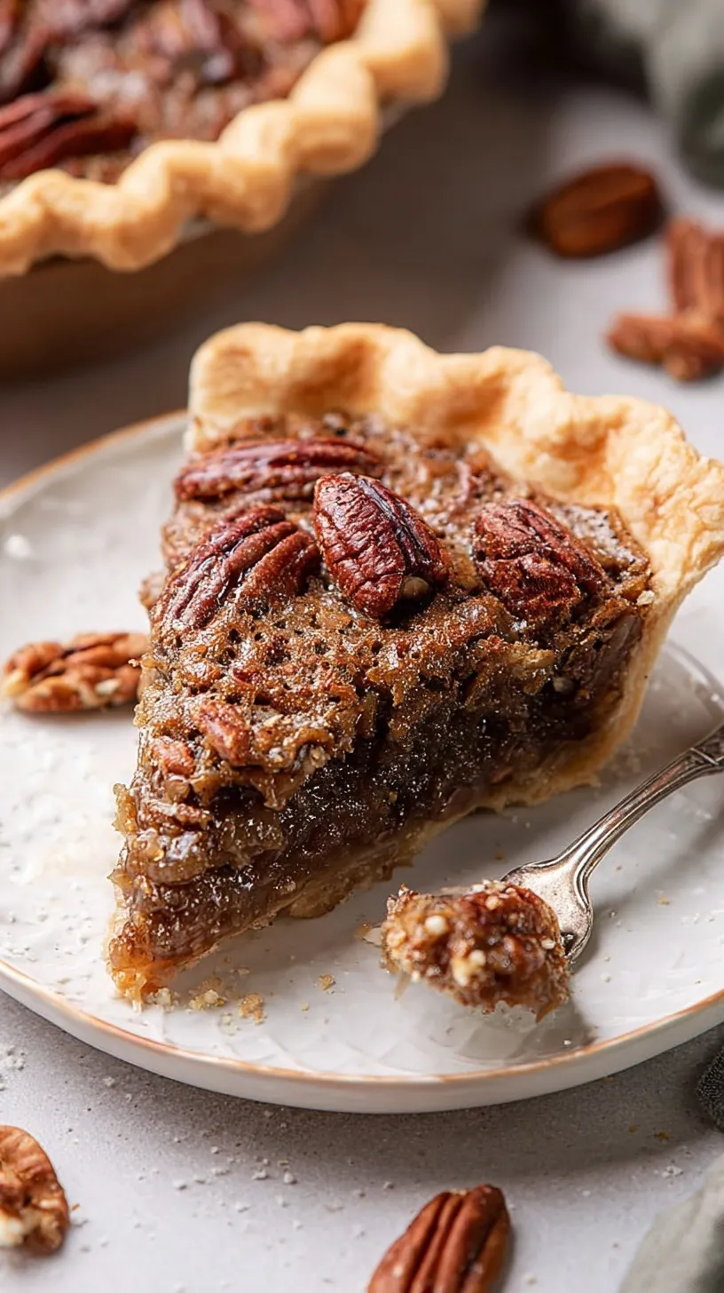 A golden brown pecan pie in a flaky crust topped with whole pecan halves