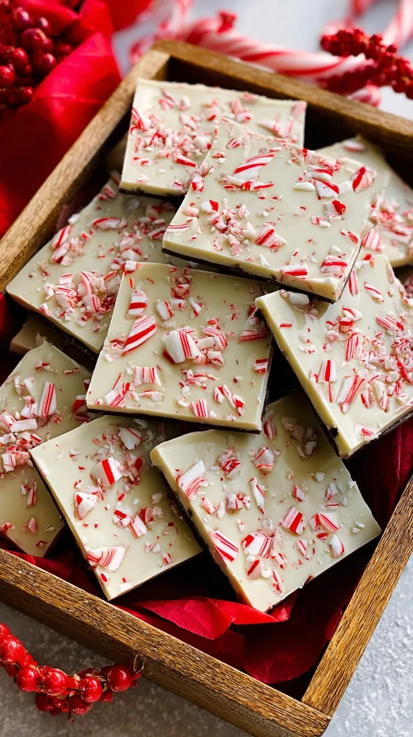 Layered dark and white chocolate bark topped with crushed red and white peppermint candy canes.