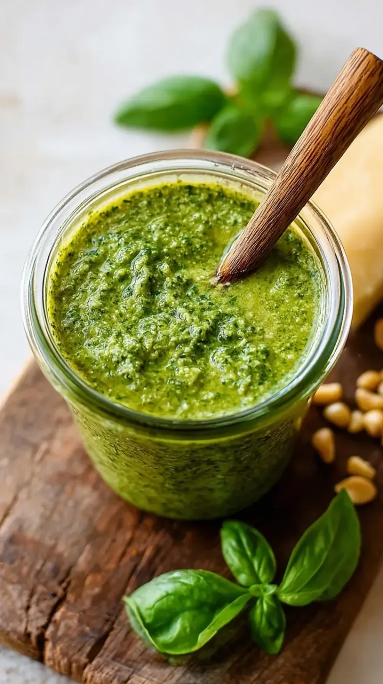 A vibrant green bowl of fresh basil pesto surrounded by pine nuts and olive oil