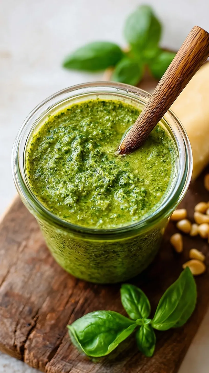 A vibrant green bowl of fresh basil pesto surrounded by pine nuts and olive oil