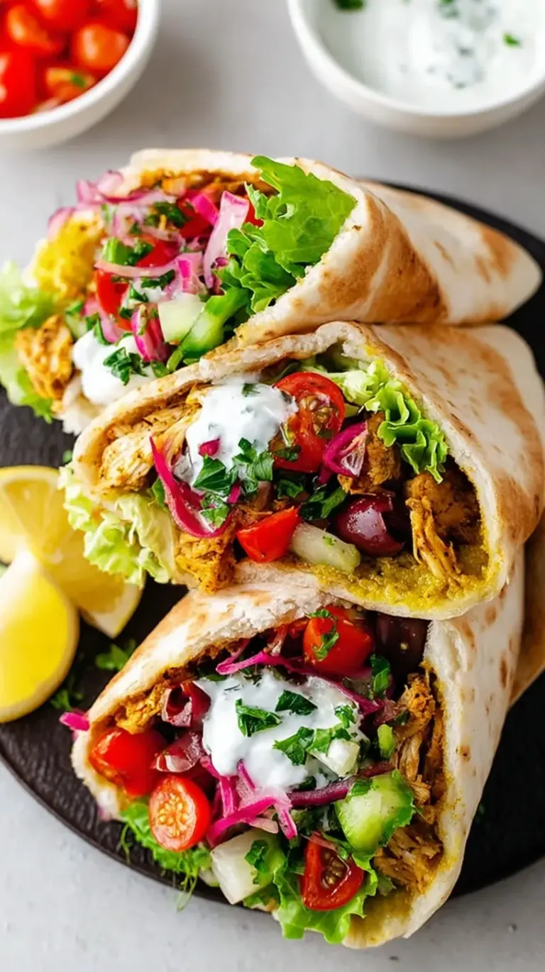 Golden chicken shawarma stuffed in a warm pita pocket with fresh vegetables and tahini sauce.