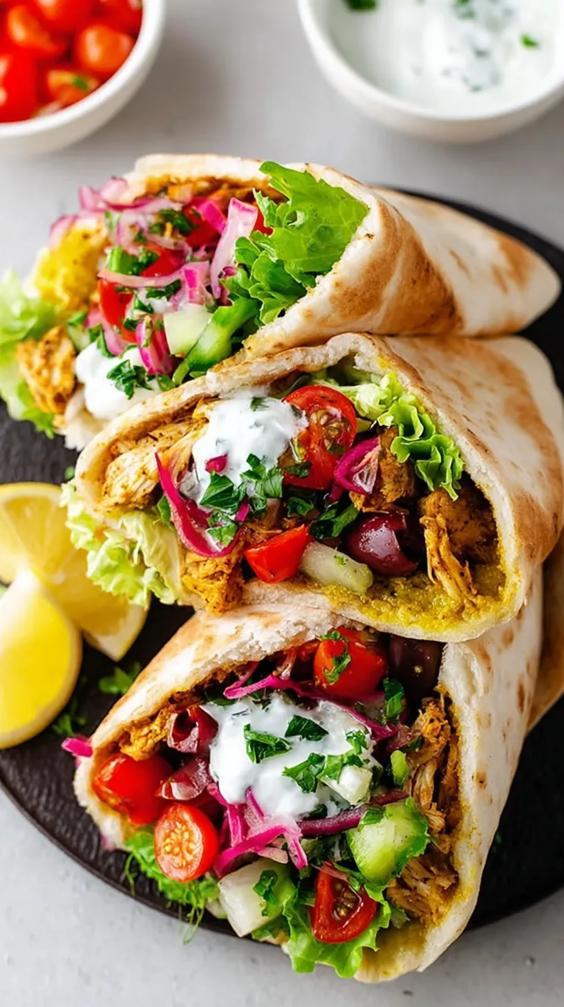 Golden chicken shawarma stuffed in a warm pita pocket with fresh vegetables and tahini sauce.