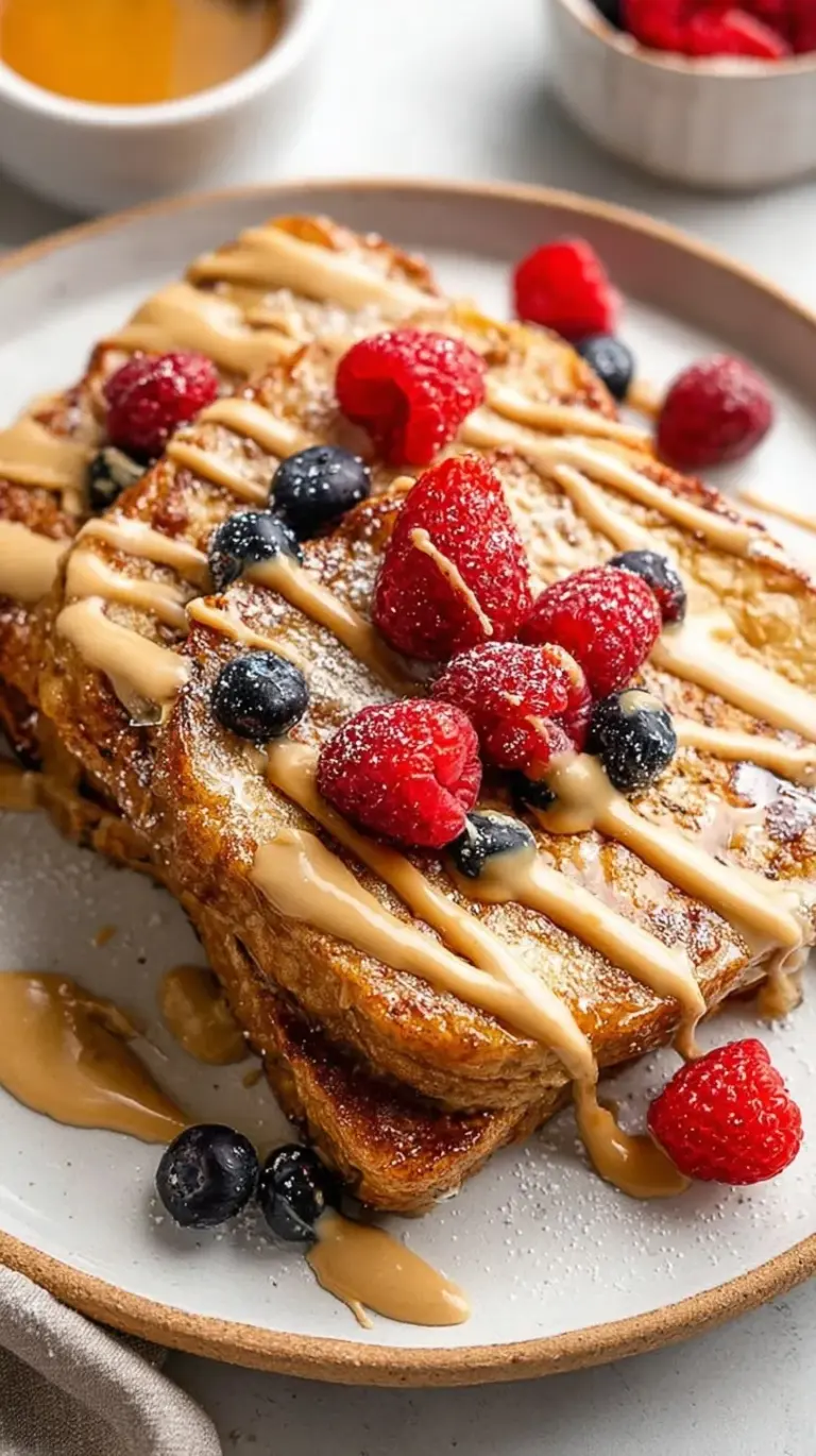 Golden brown slices of Easy Protein French Toast served on a white plate with fresh berries.