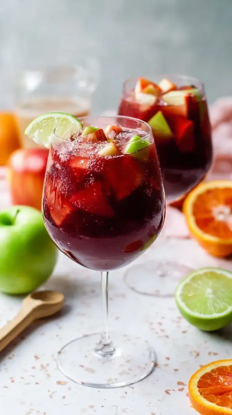 A large glass pitcher filled with red wine, sliced oranges, lemons, and diced apples on a sunny patio table.