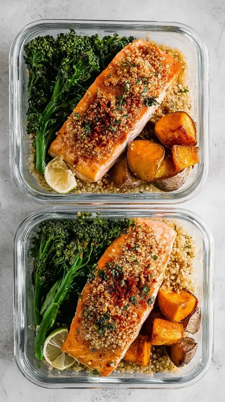 A colorful Easy Salmon Meal Prep Bowl with roasted sweet potatoes, broccoli, and quinoa topped with a honey-citrus glaze.