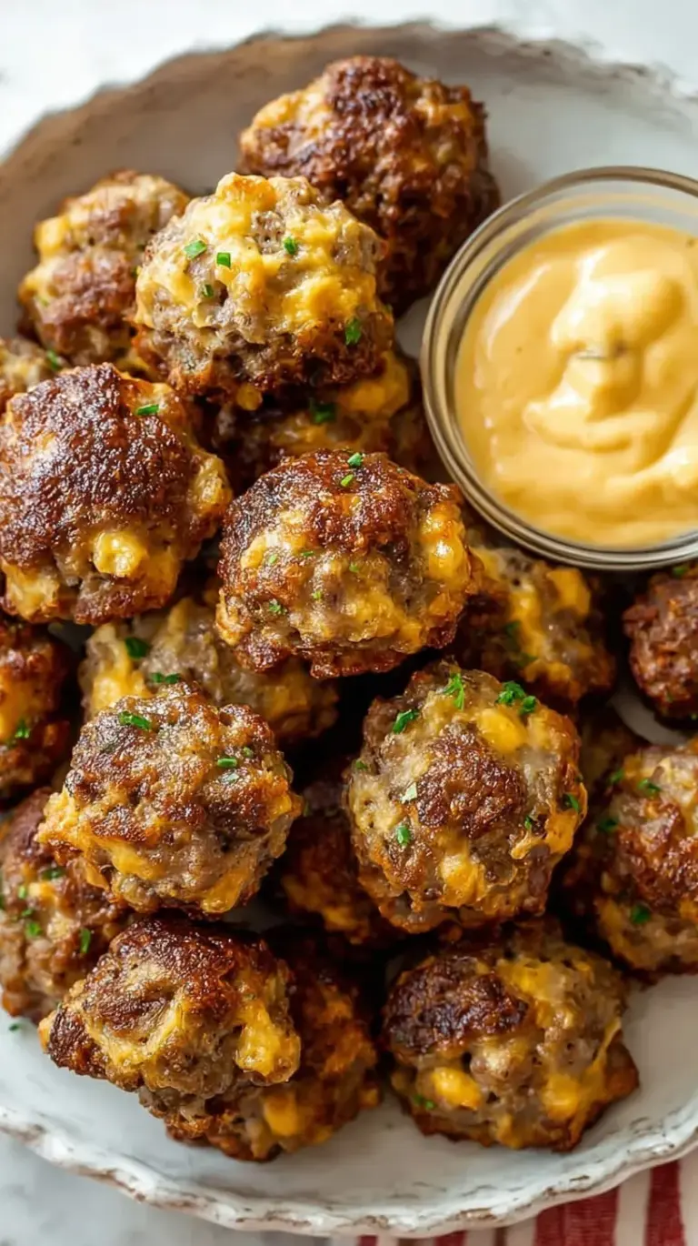Golden brown sausage balls on a baking sheet with melted cheddar cheese