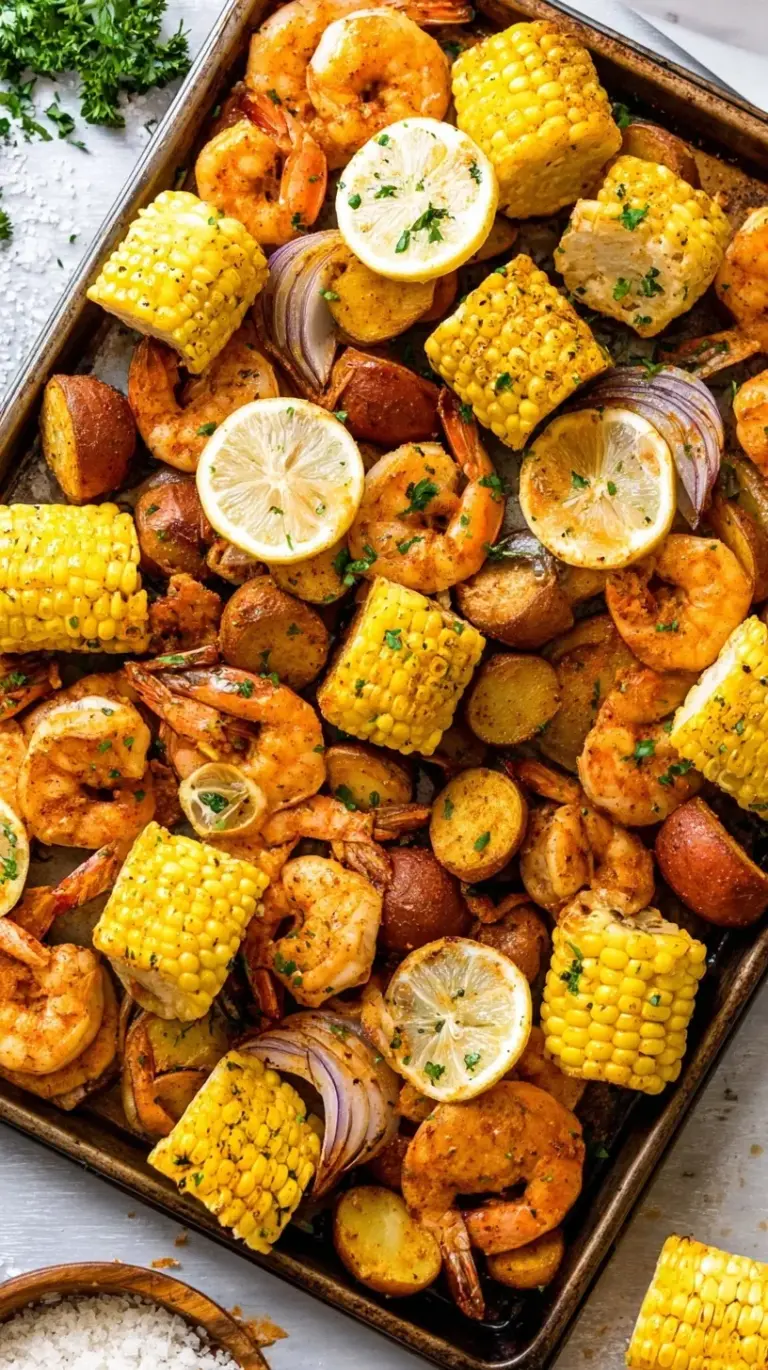 A colorful sheet pan shrimp boil with corn, potatoes, sausage, and lemon slices on a parchment-lined pan.