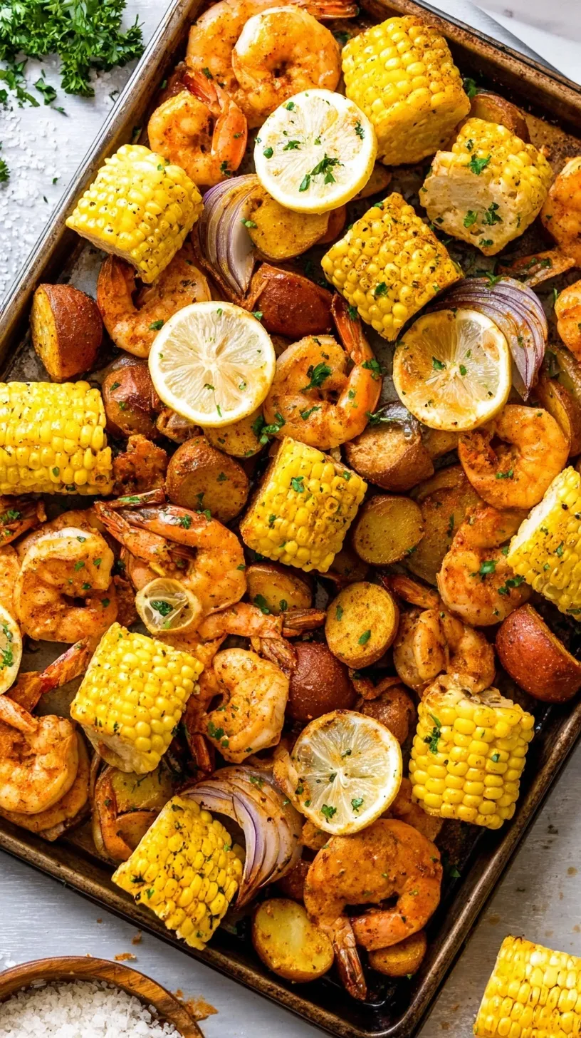 A colorful sheet pan shrimp boil with corn, potatoes, sausage, and lemon slices on a parchment-lined pan.