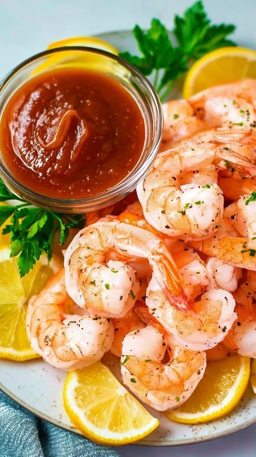 A platter of chilled poached shrimp served with a spicy red cocktail sauce and lemon wedges.