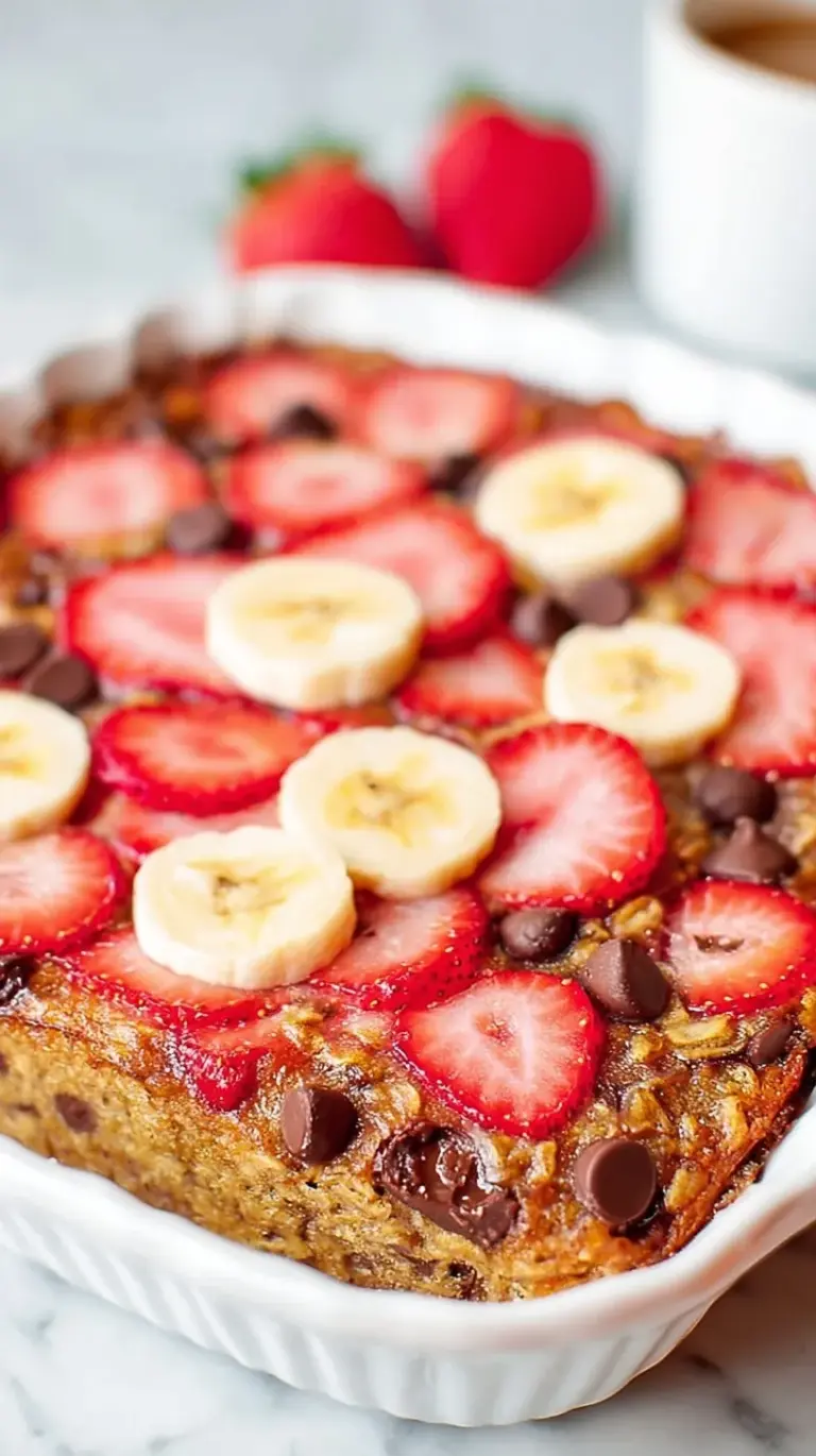 A golden brown baking dish filled with strawberry banana baked oatmeal topped with fresh sliced berries.