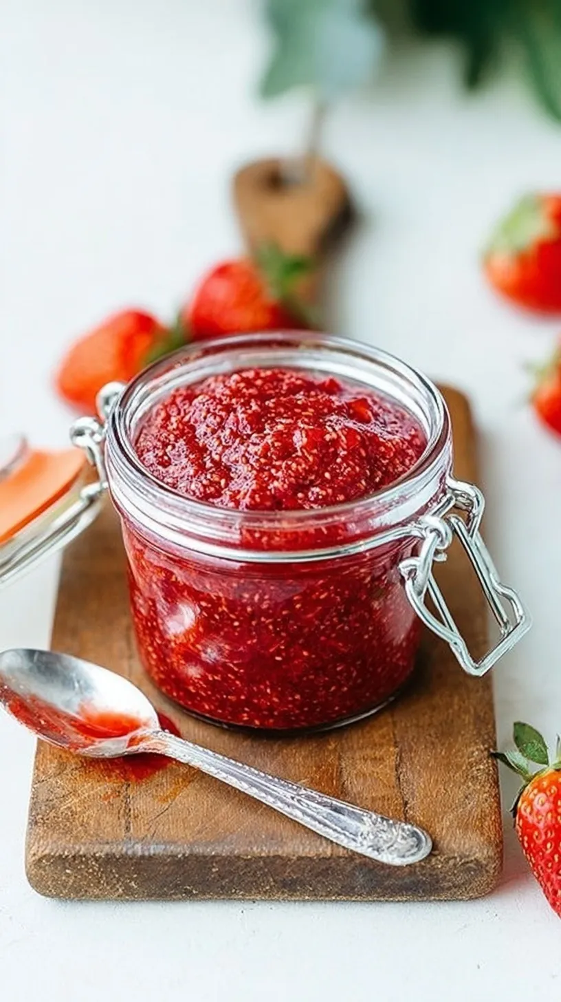 A glass jar filled with vibrant red strawberry chia jam on a wooden table with fresh berries nearby.