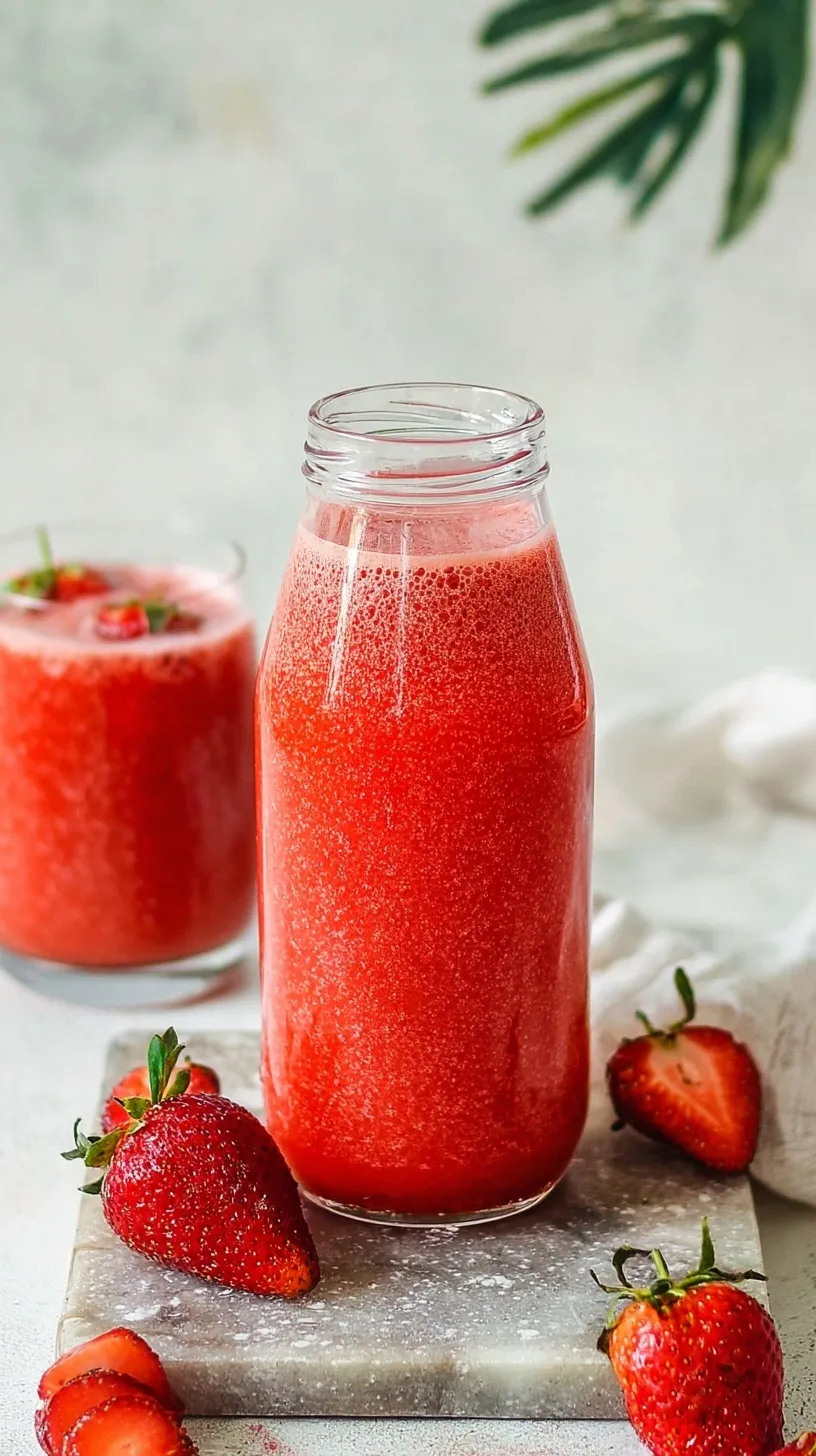 A tall glass of vibrant red strawberry juice with ice cubes and a fresh strawberry garnish