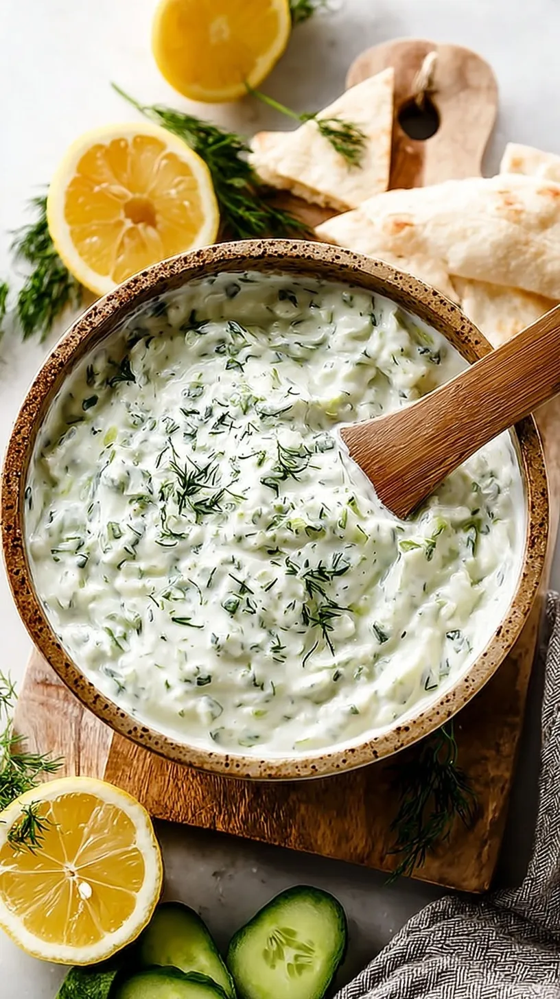 A bowl of creamy Greek tzatziki sauce topped with fresh dill and olive oil next to sliced cucumbers.