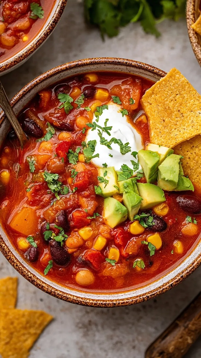 A steaming bowl of vegetarian chili topped with fresh herbs and avocado