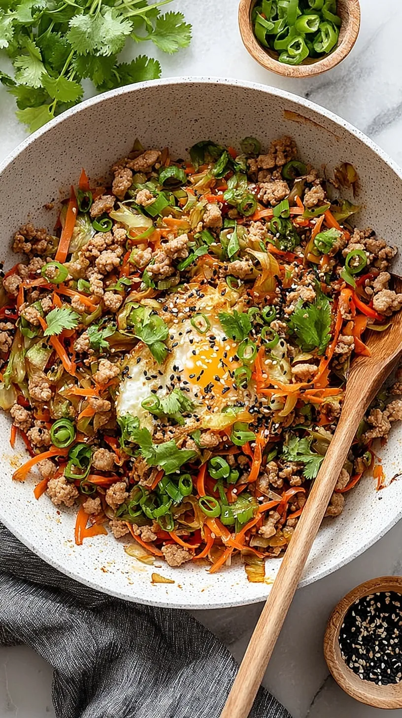 A colorful bowl of sautéed ground pork and shredded cabbage topped with green onions and sriracha.