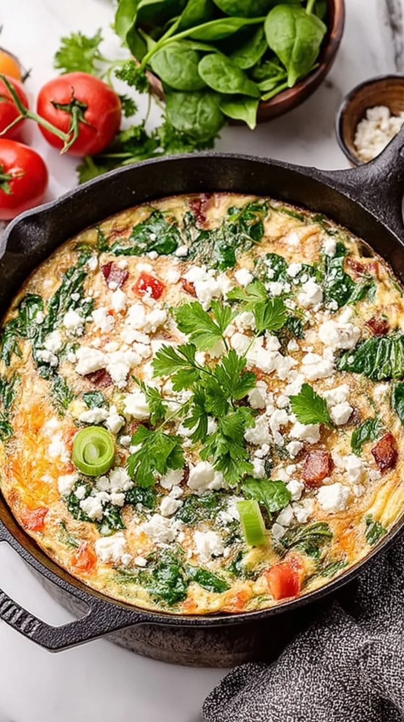 A fluffy egg white frittata in a skillet with spinach, tomatoes, and melted feta cheese.