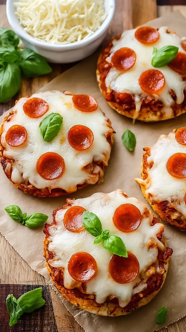 Golden brown English muffin pizzas topped with melted mozzarella and mini pepperoni on a baking sheet.