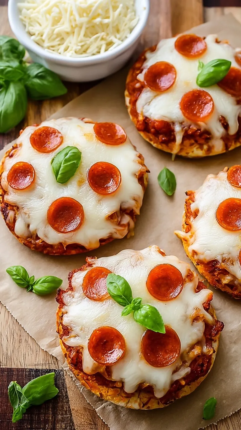 Golden brown English muffin pizzas topped with melted mozzarella and mini pepperoni on a baking sheet.