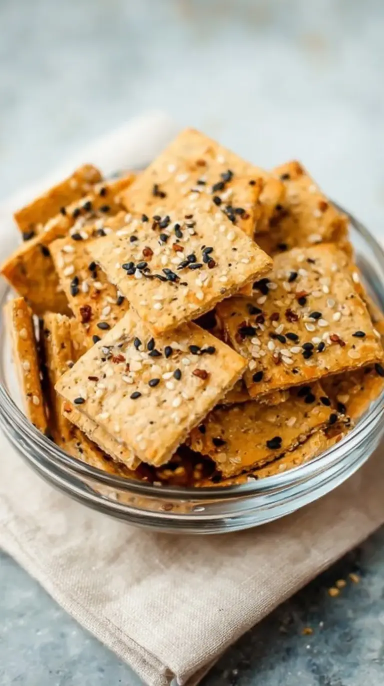A pile of golden brown square crackers topped with everything bagel seasoning on a wire rack.