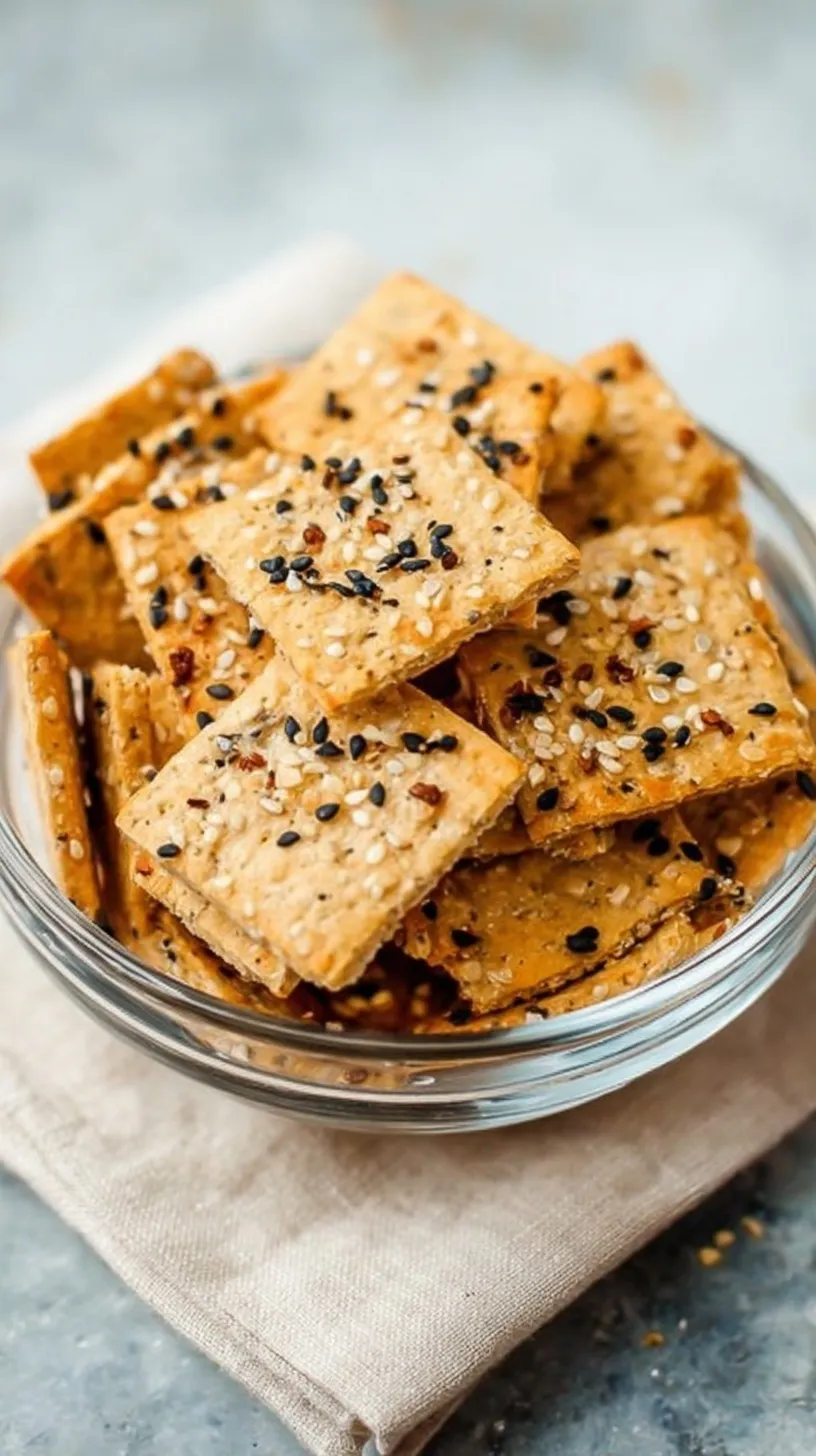 A pile of golden brown square crackers topped with everything bagel seasoning on a wire rack.