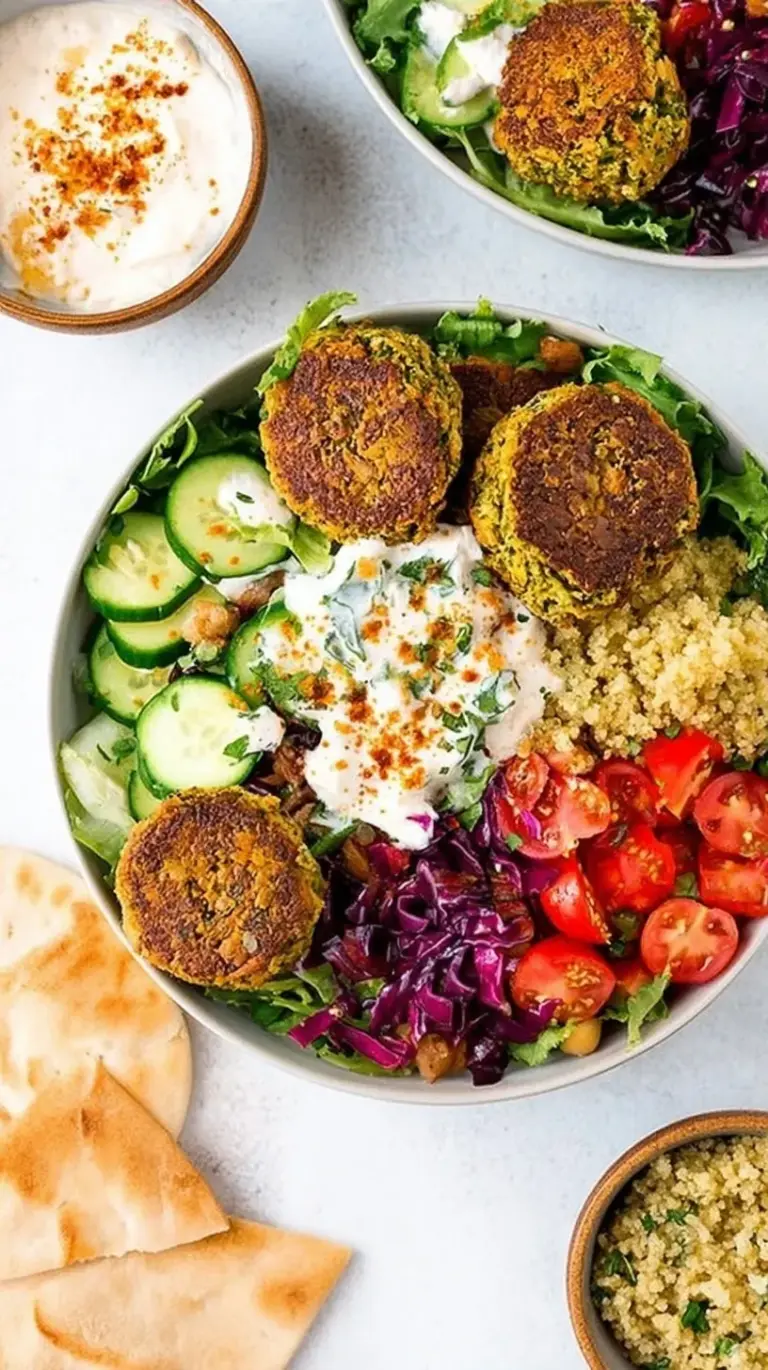 A colorful Mediterranean grain bowl with crispy green falafel, hummus, and pickled onions