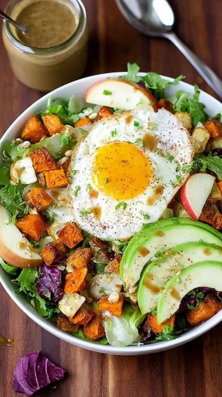 A colorful breakfast bowl with roasted sweet potatoes, massaged kale, quinoa, apple slices, and soft-boiled eggs drizzled with tahini dressing.