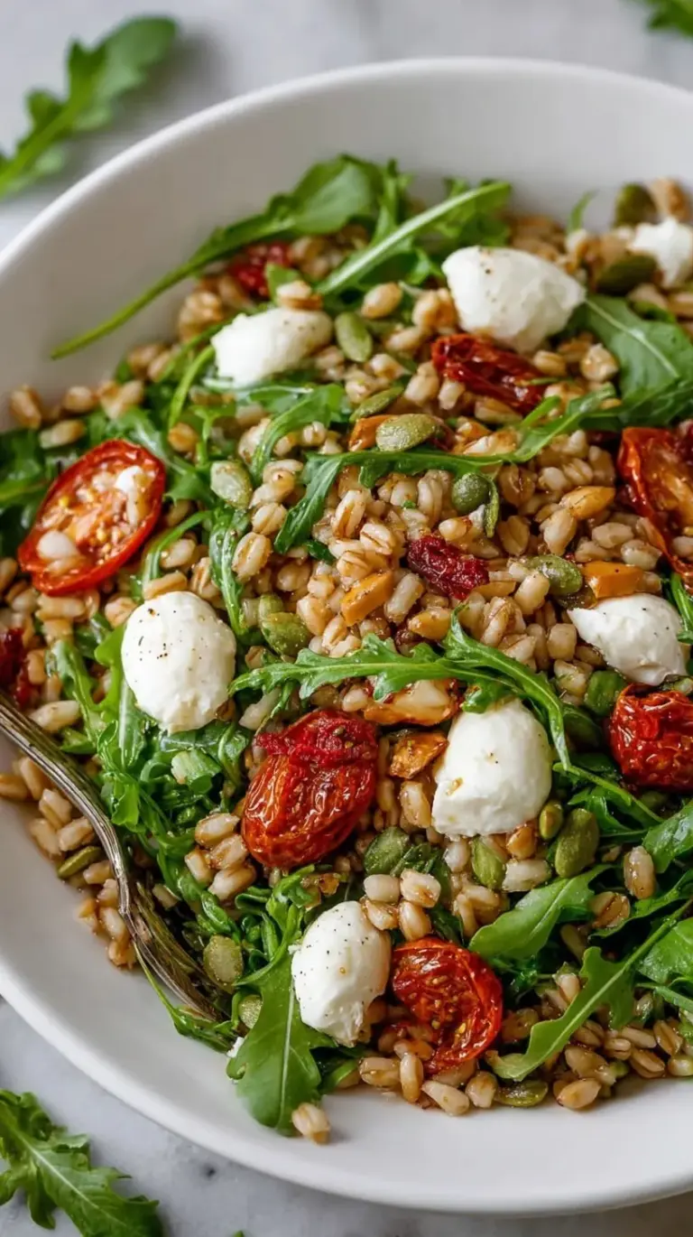 A colorful Mediterranean Farro Salad in a large bowl with cucumber, tomatoes, and feta.