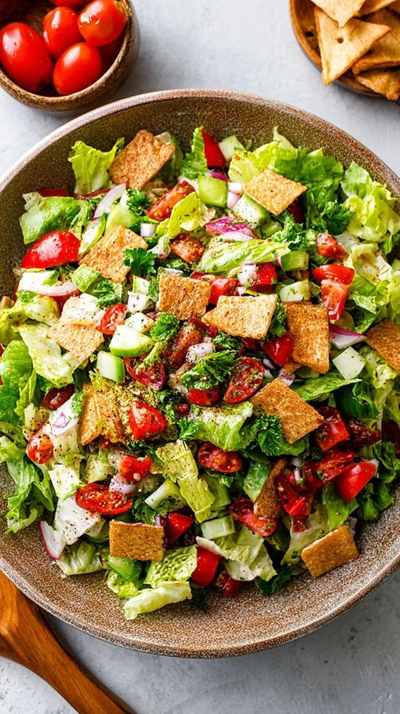 A colorful bowl of Fattoush Salad with toasted pita squares and fresh garden vegetables.