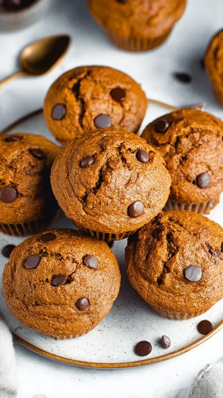 Golden brown flourless pumpkin muffins with dark chocolate chips on a wire cooling rack