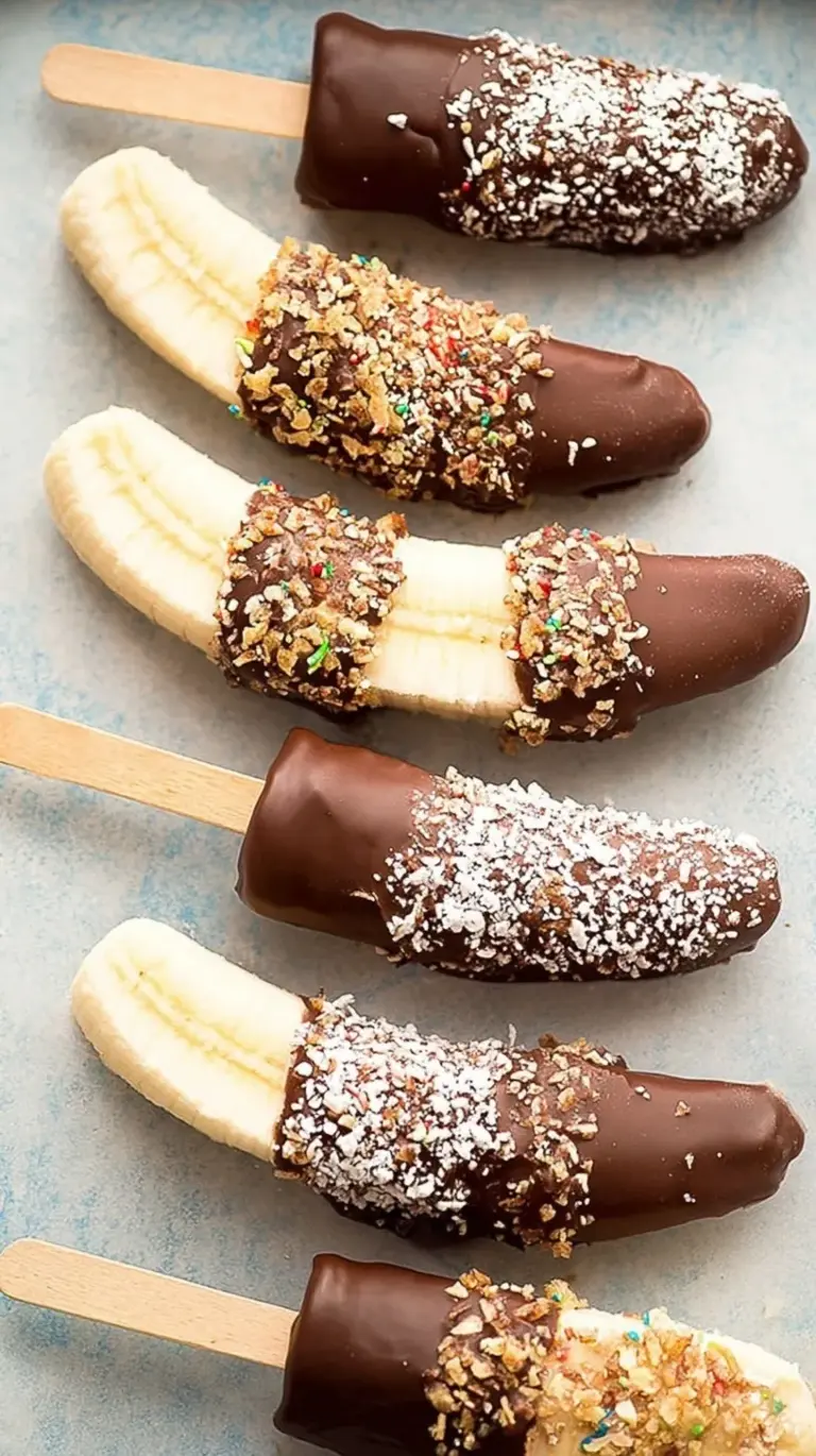 Frozen chocolate covered bananas on sticks with nut toppings on a parchment lined tray