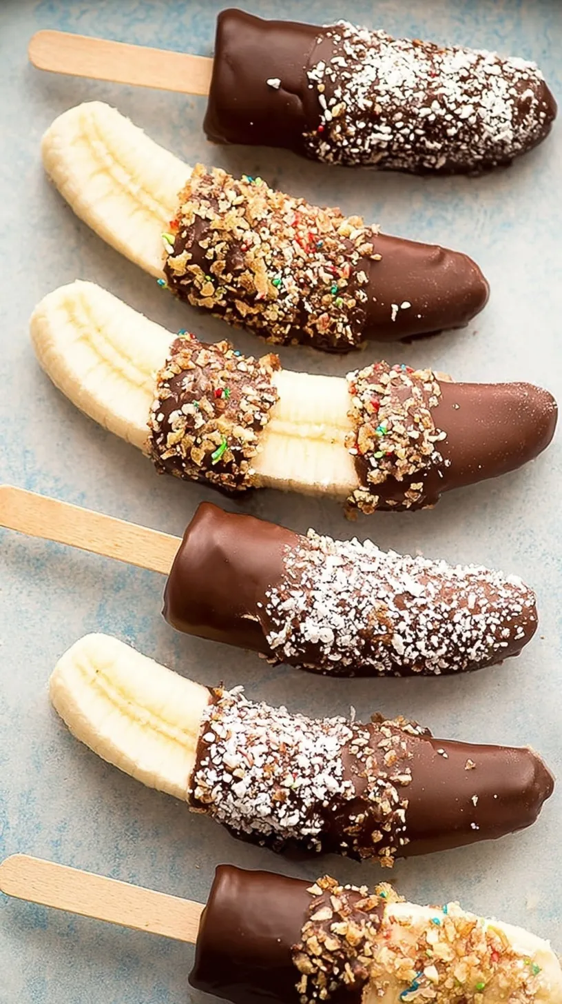 Frozen chocolate covered bananas on sticks with nut toppings on a parchment lined tray